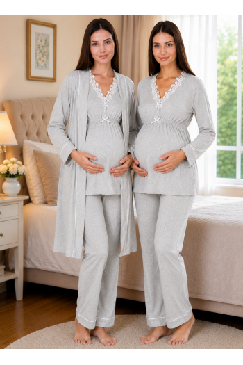 Effortt 3054 Açık Gri  Sabahlıklı Lohusa Pijama Takımı